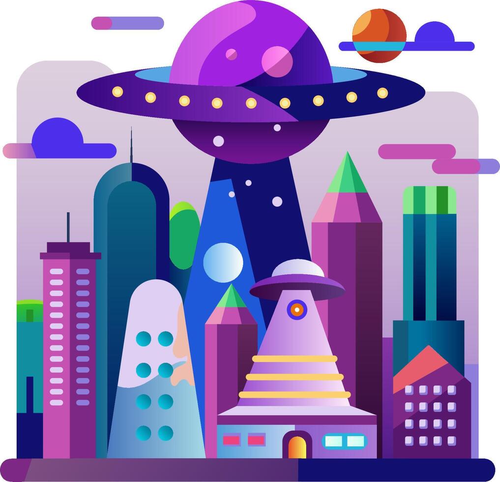 An illustration of a city with a spaceship in the sky vector