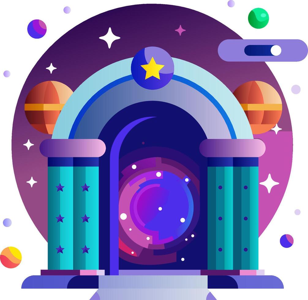 An illustration of a space portal with planets and stars vector