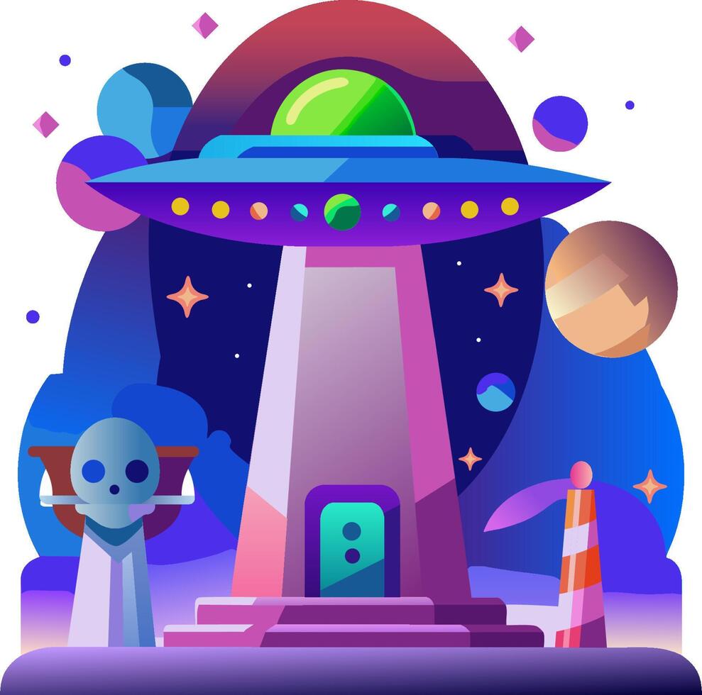 An illustration of an alien spaceship and a man standing in front of it vector