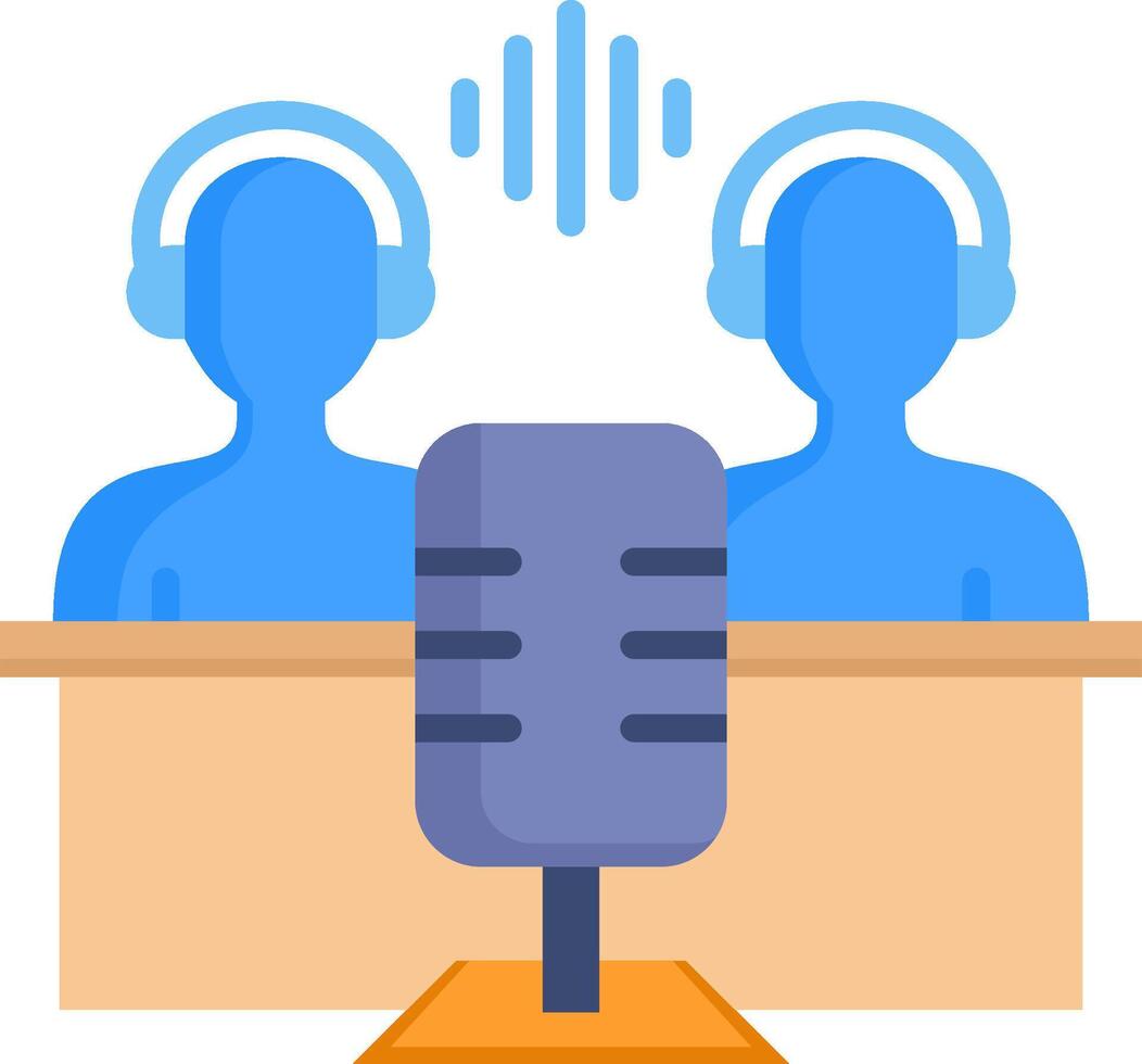 Two people sitting at a table with a microphone and headphones vector