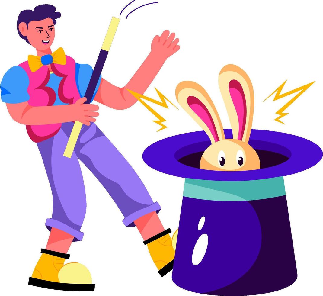 A man is holding a rabbit in a hat and a magician is standing next to it vector