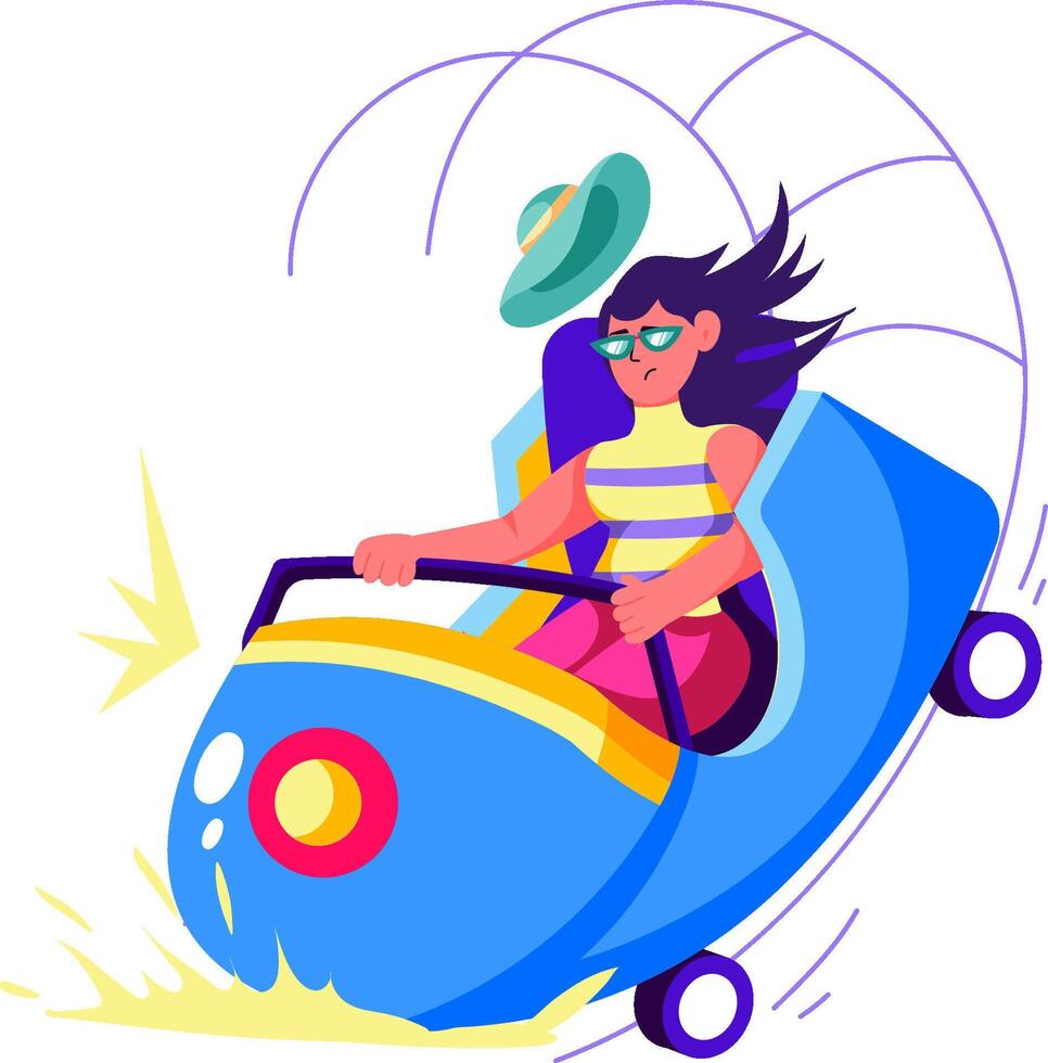 A woman is riding on a blue car vector