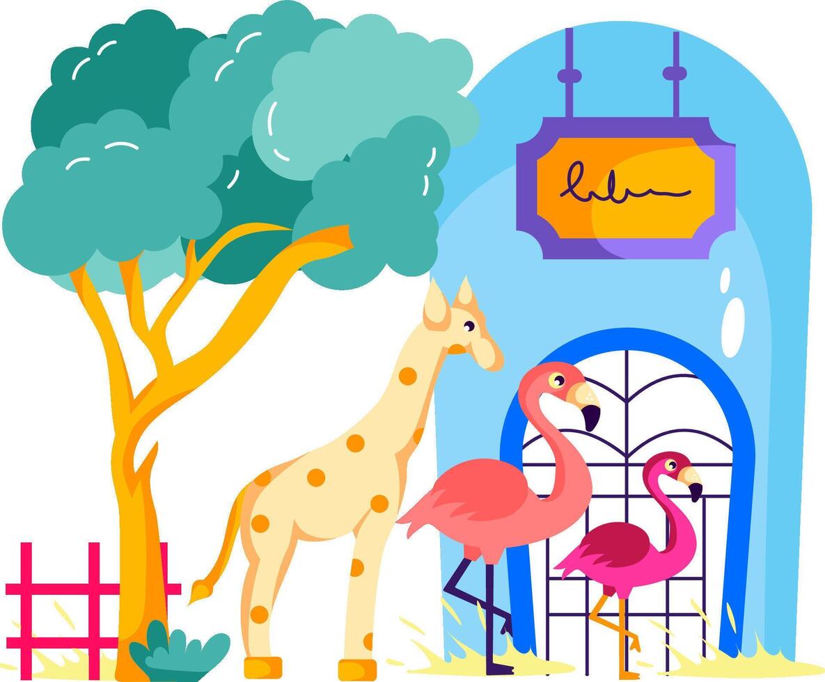 A giraffe, flamingo and a tree with a sign vector