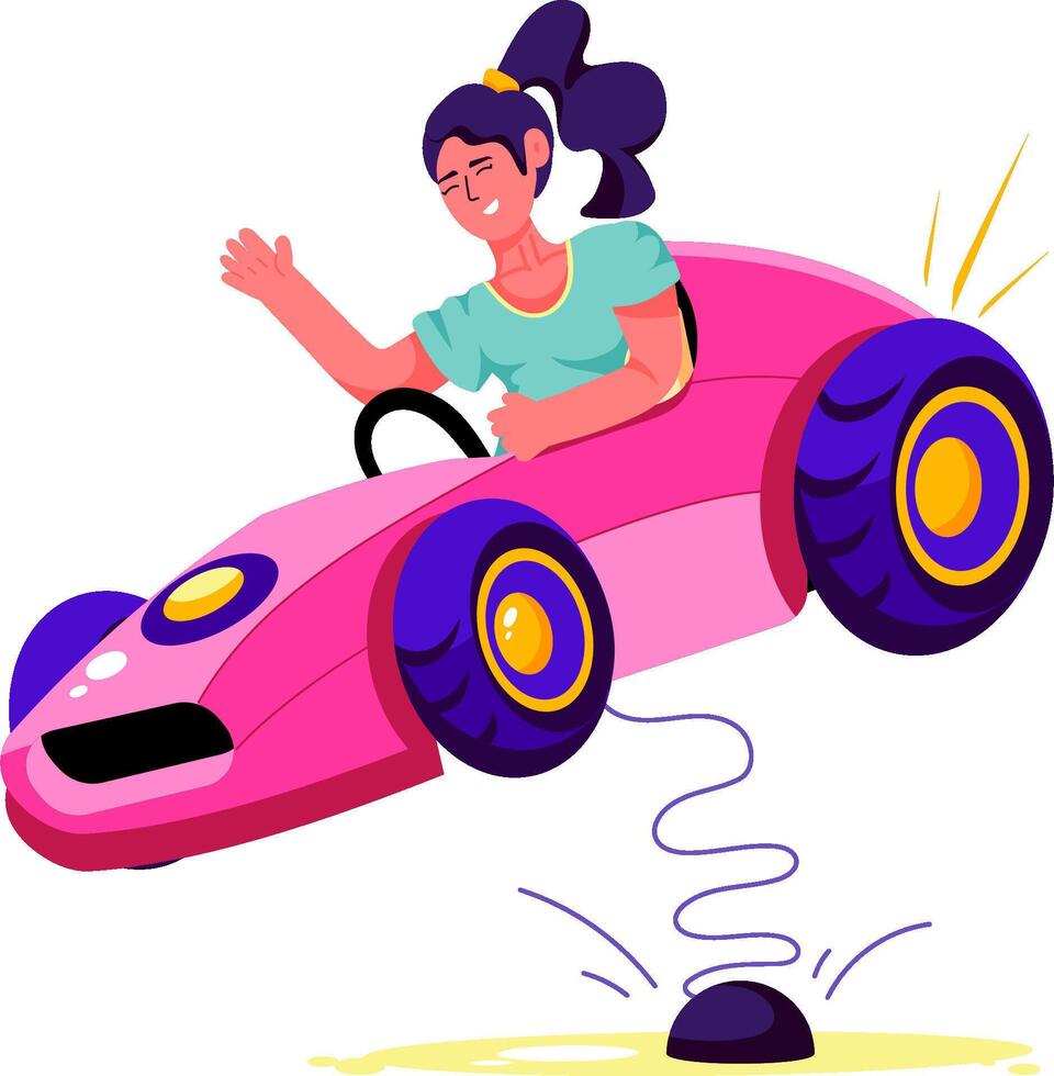 A girl is riding a pink car vector