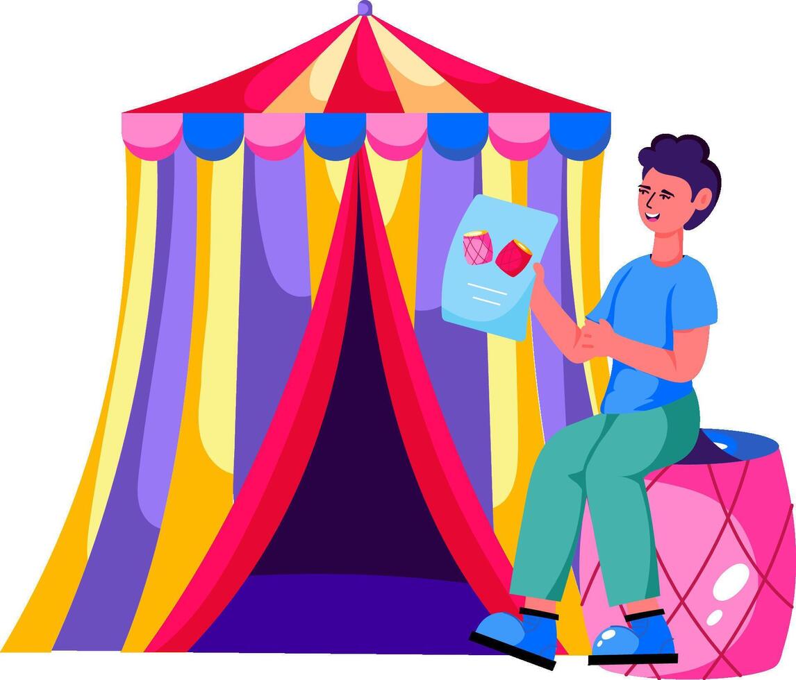 A man sitting on a stool next to a colorful tent vector