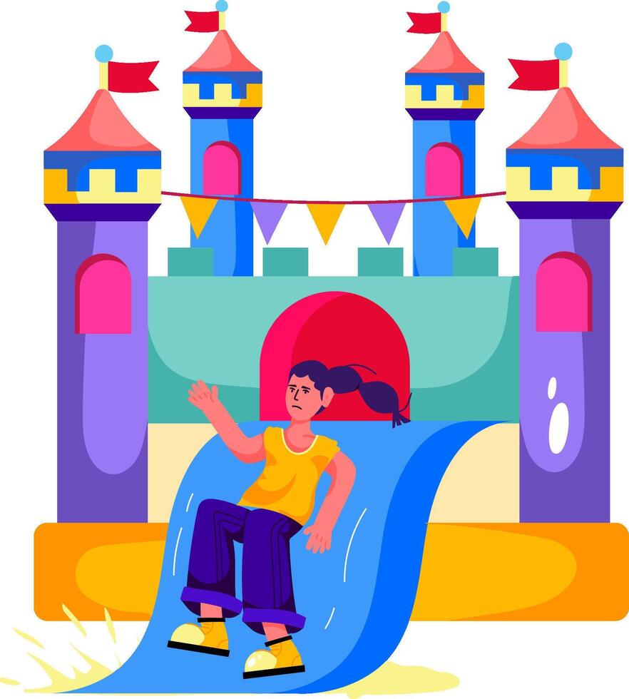 A girl is sliding down a slide in front of a castle vector