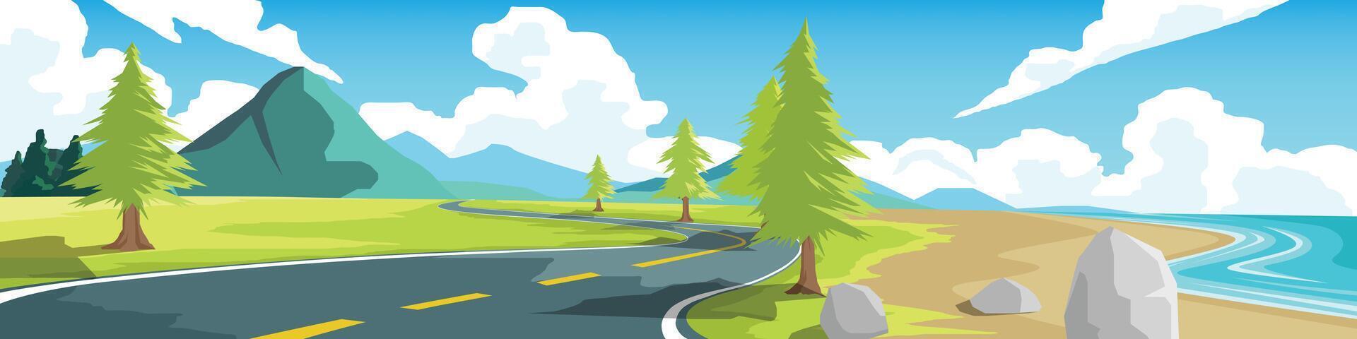 Curvy road on the meadow near sand beach. Asphalt road leading to the destination ahead. Green fields surrounded by hills and trees. or Illustration transport and nature background for banner. vector