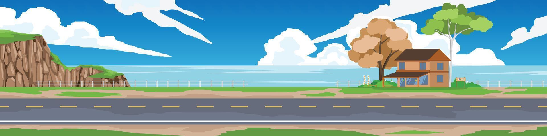 Landscape of empty asphalt road. Background is a shop by the sea under trees. Under the blue sky. vector