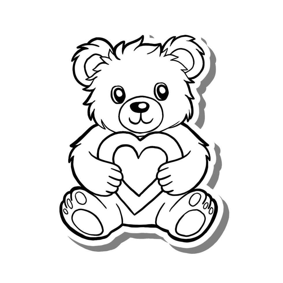Teddy Bear with Heart Outline on white silhouette and gray shadow. Hand drawn cartoon style. illustration for decorate and any design. vector