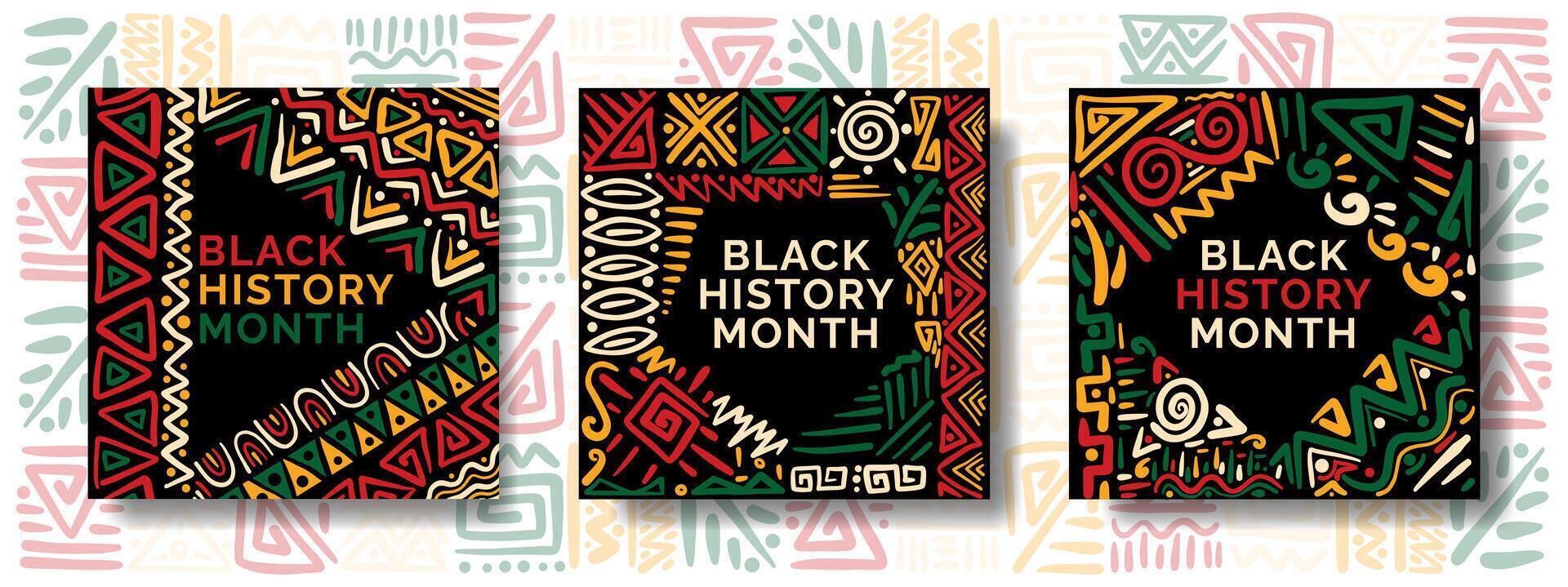 Set of backgrounds for social media posts black history month templates with hand drawn abstract patterns vector