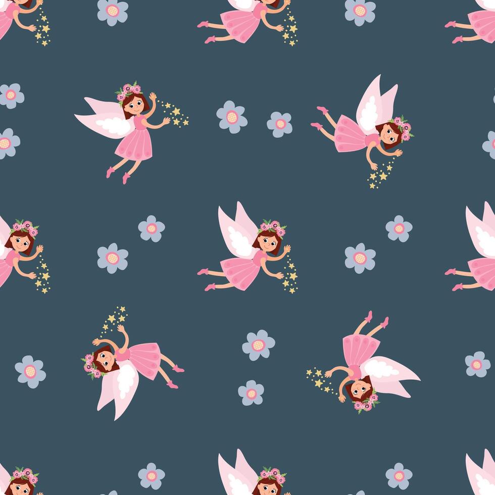 Magical Seamless Pattern with Fairies. Design for fabric, textile, wallpaper, packaging, nursery vector