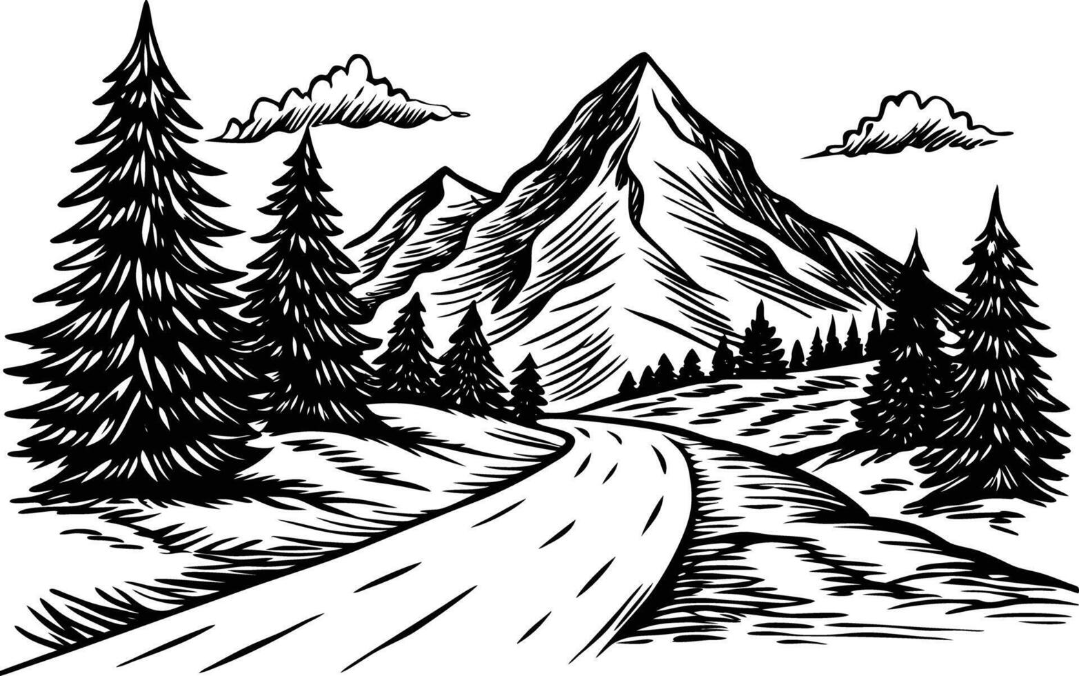 A black and white drawing of a mountain road vector