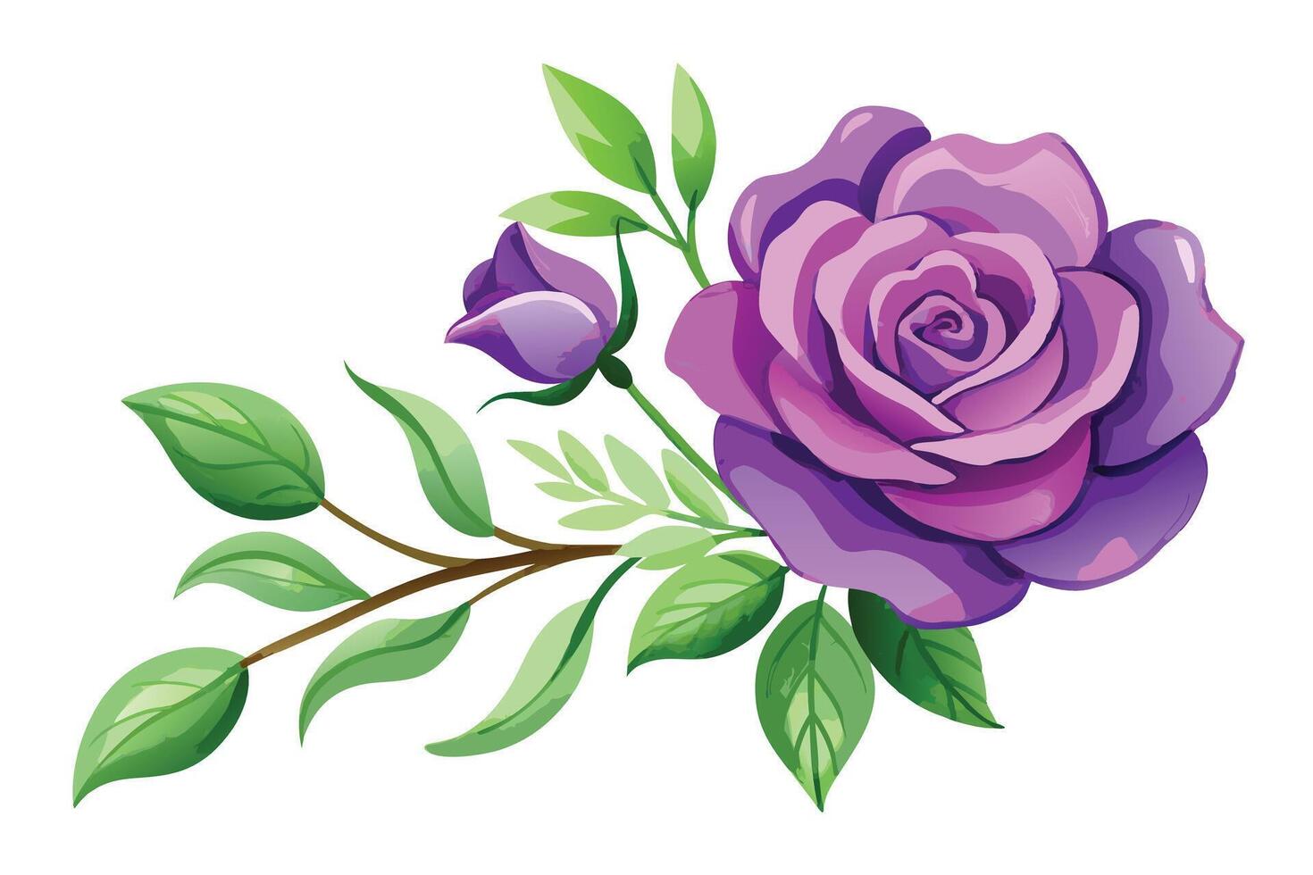 A purple rose with leaves and a stem vector
