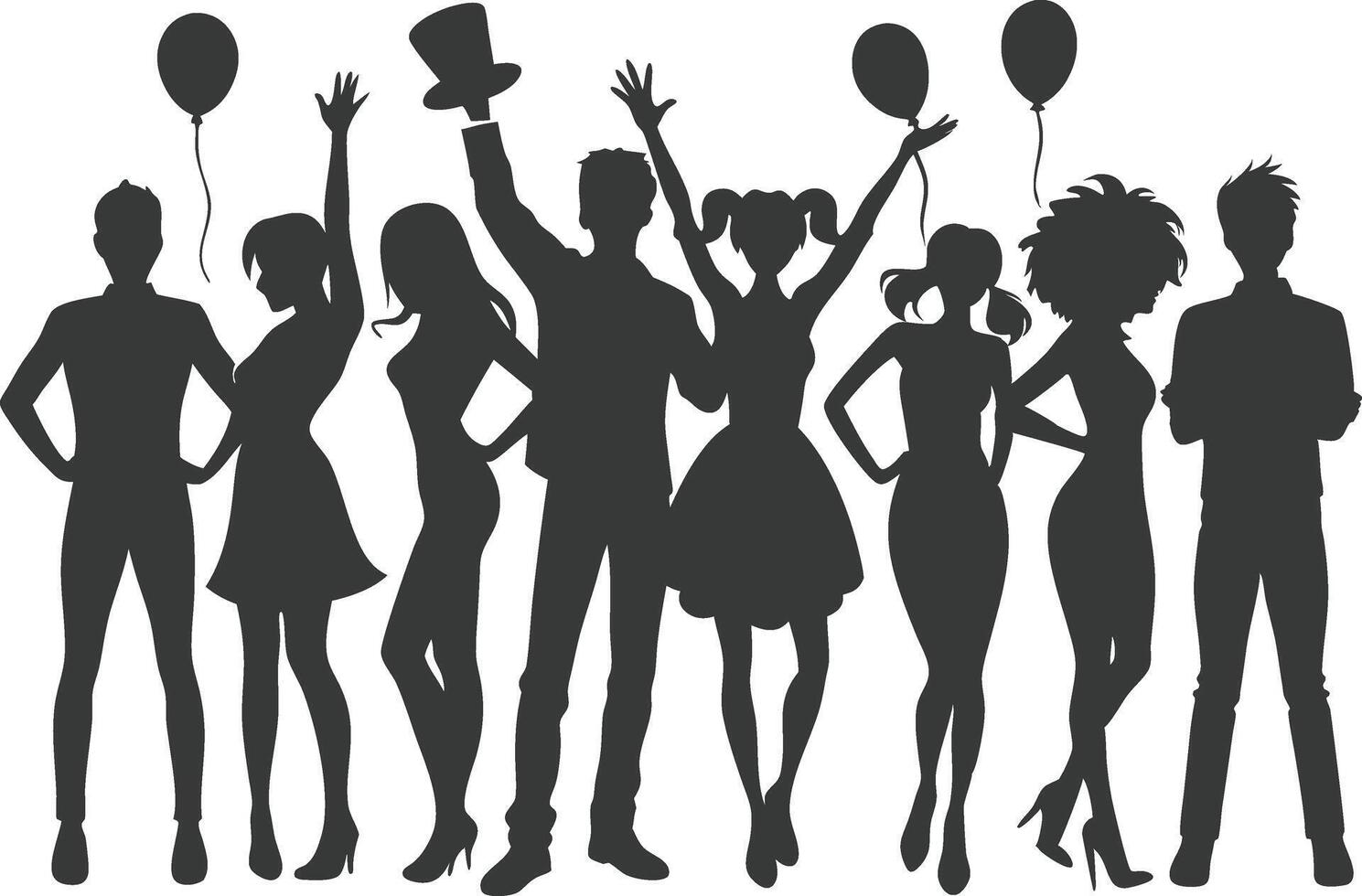 Silhouettes of people with balloons and hats vector