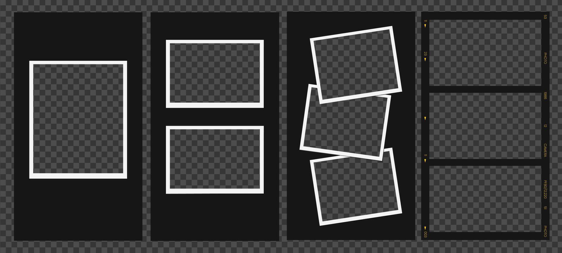 Vintage filmstrip frame set with 35mm analog photo reel, transparent background, and old movie tape texture. vector