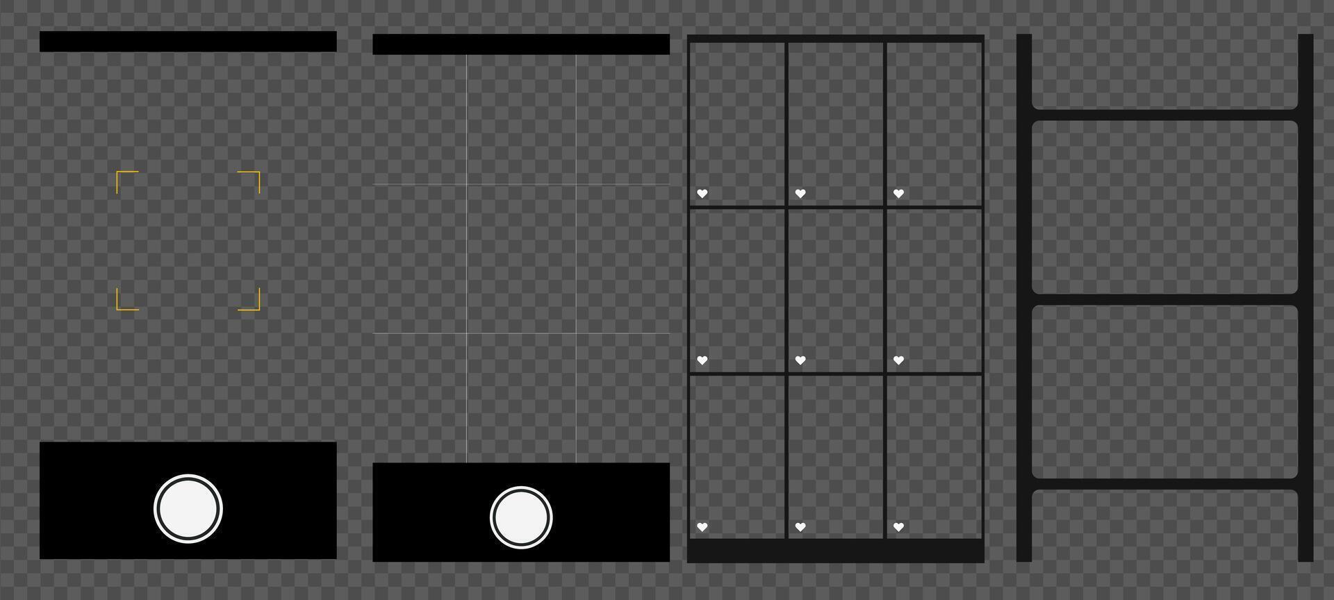 Smartphone camera interface with photo and gallery, viewfinder, and focus. Transparent mockup with grid, capture button, and 4K digital display. vector