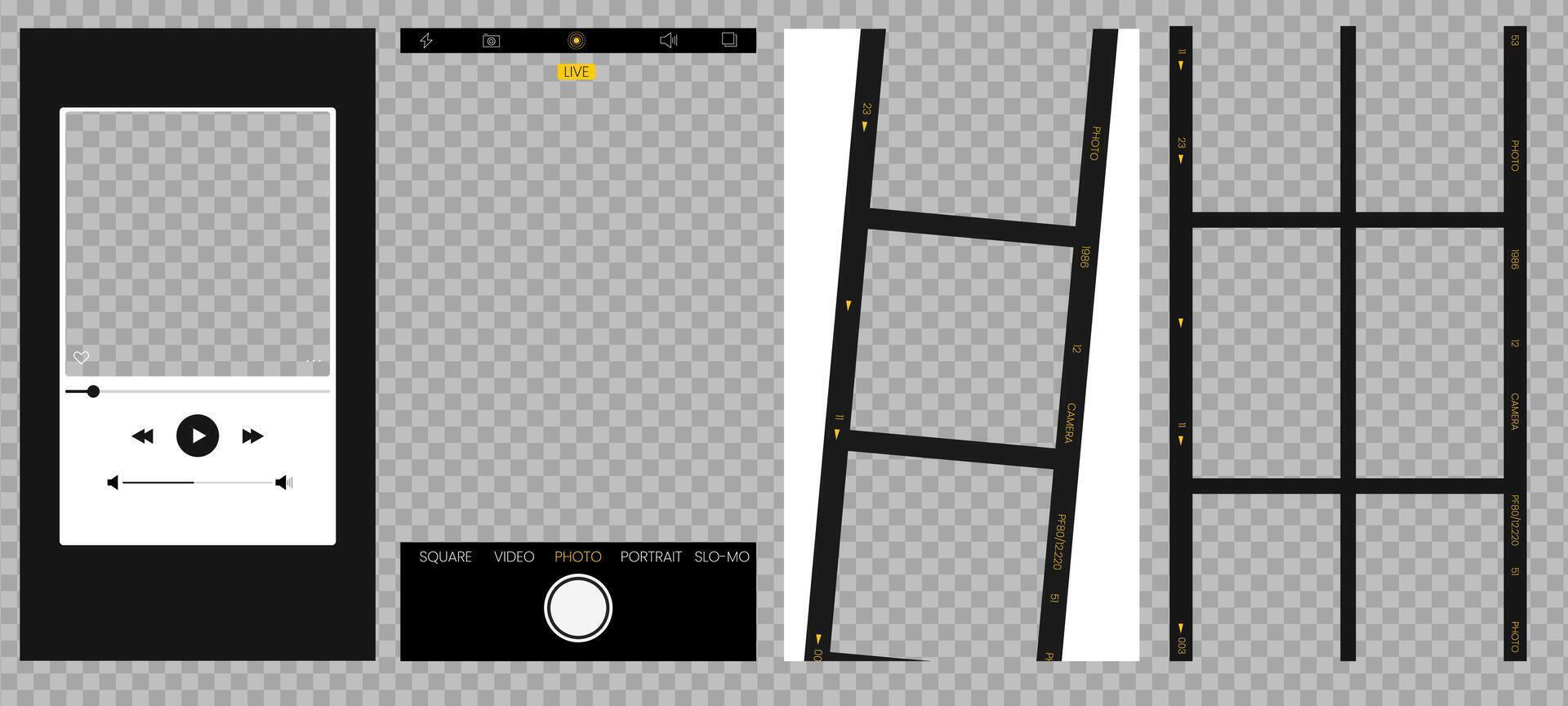 film frame and camera UI mockup with phone screen elements. Includes recording icons, photo capture buttons, grid layout, focus template, and transparent filmstrip. vector