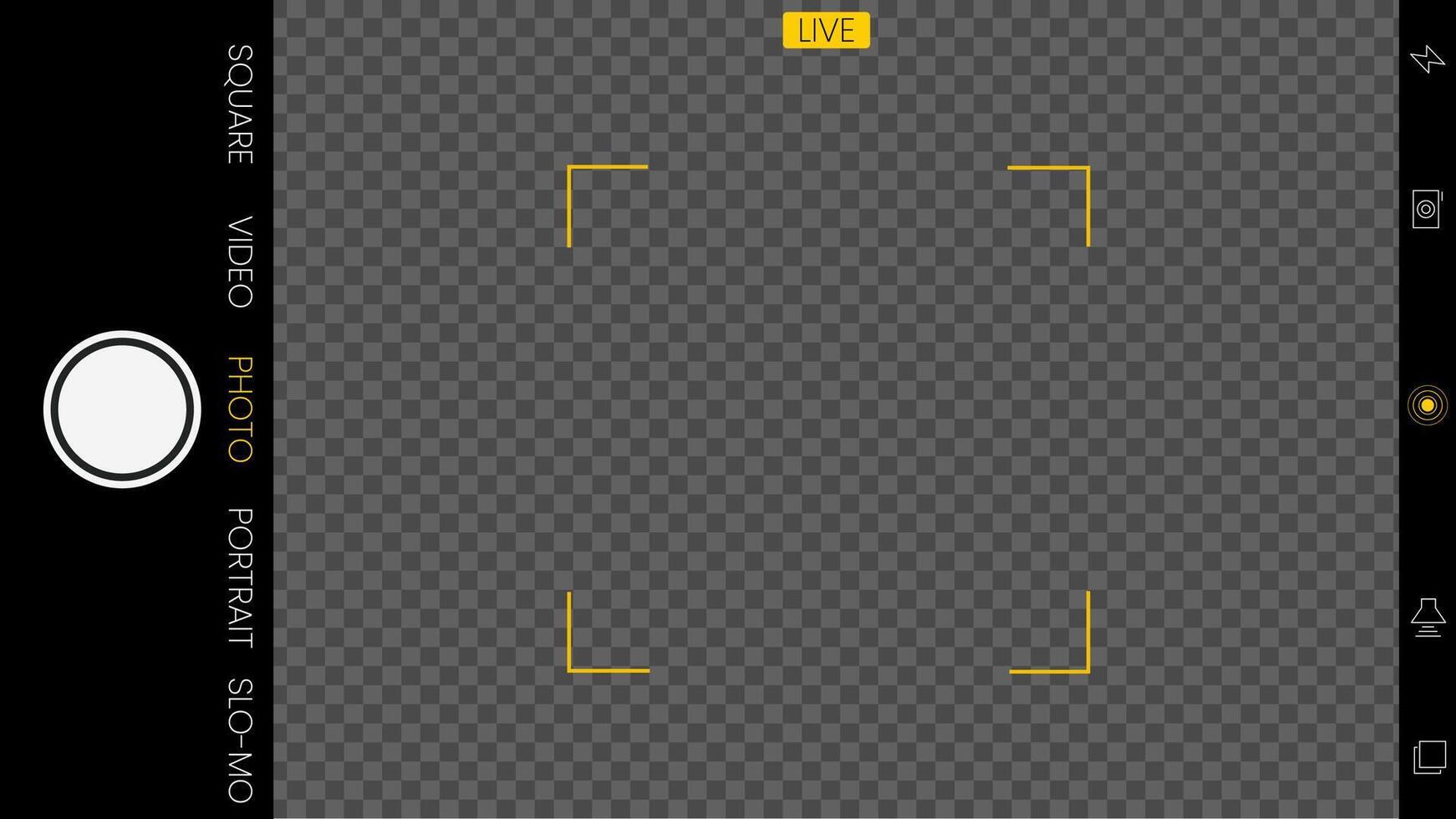 camera interface mockup for phone and tablet with , photo, and selfie modes. Includes overlay, viewfinder, rec button, zoom, focus, and transparent screen. vector