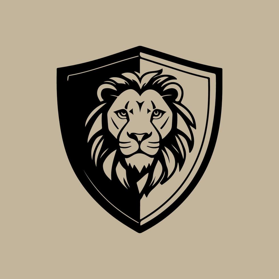 lion head logo design with shield, illustration vector