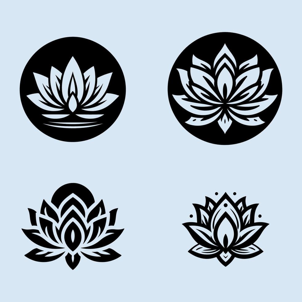 four black and white lotus flowers on a blue background vector