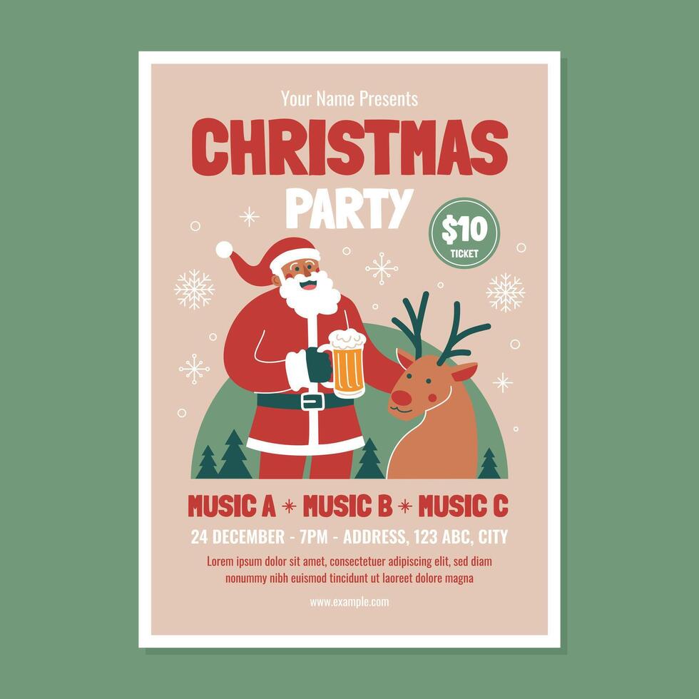 Retro Christmas Party Flyer with Santa Claus and a Reindeer vector