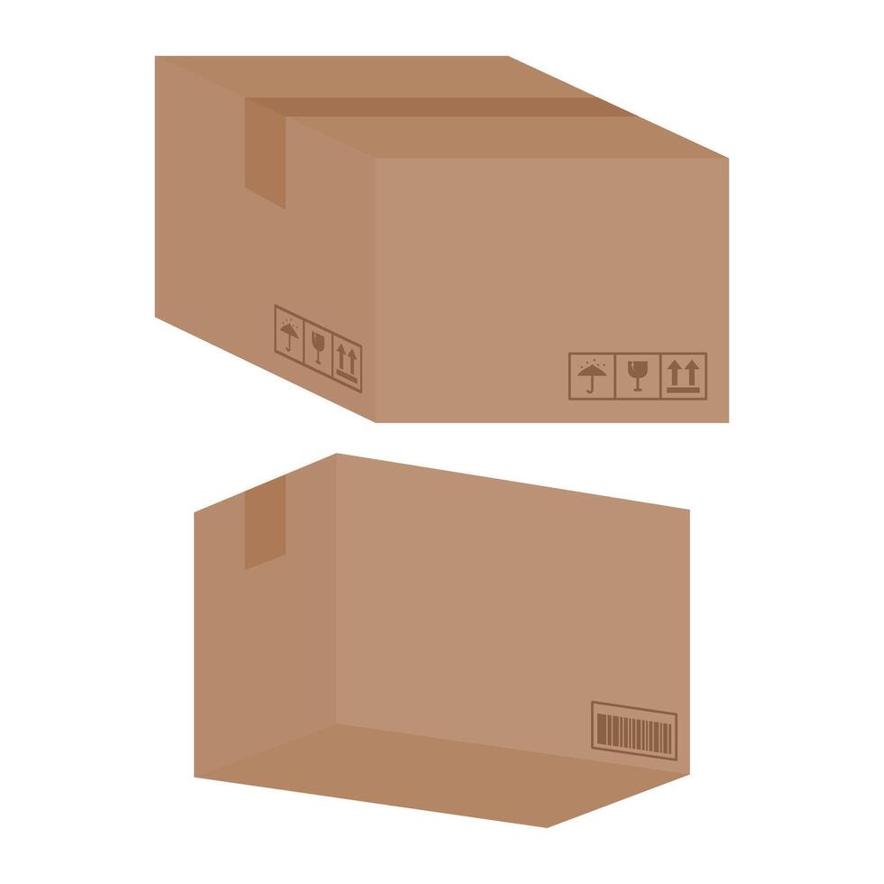 Sealed Shipping Cardboard Box with Fragile Logo. Shipping Box Icon with Barcode. vector