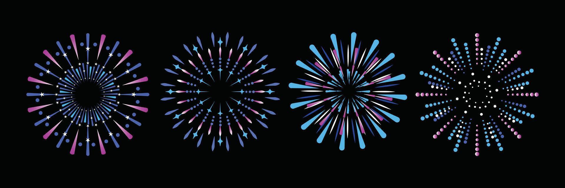 Set of colorful fireworks Isolated on a black background. vector