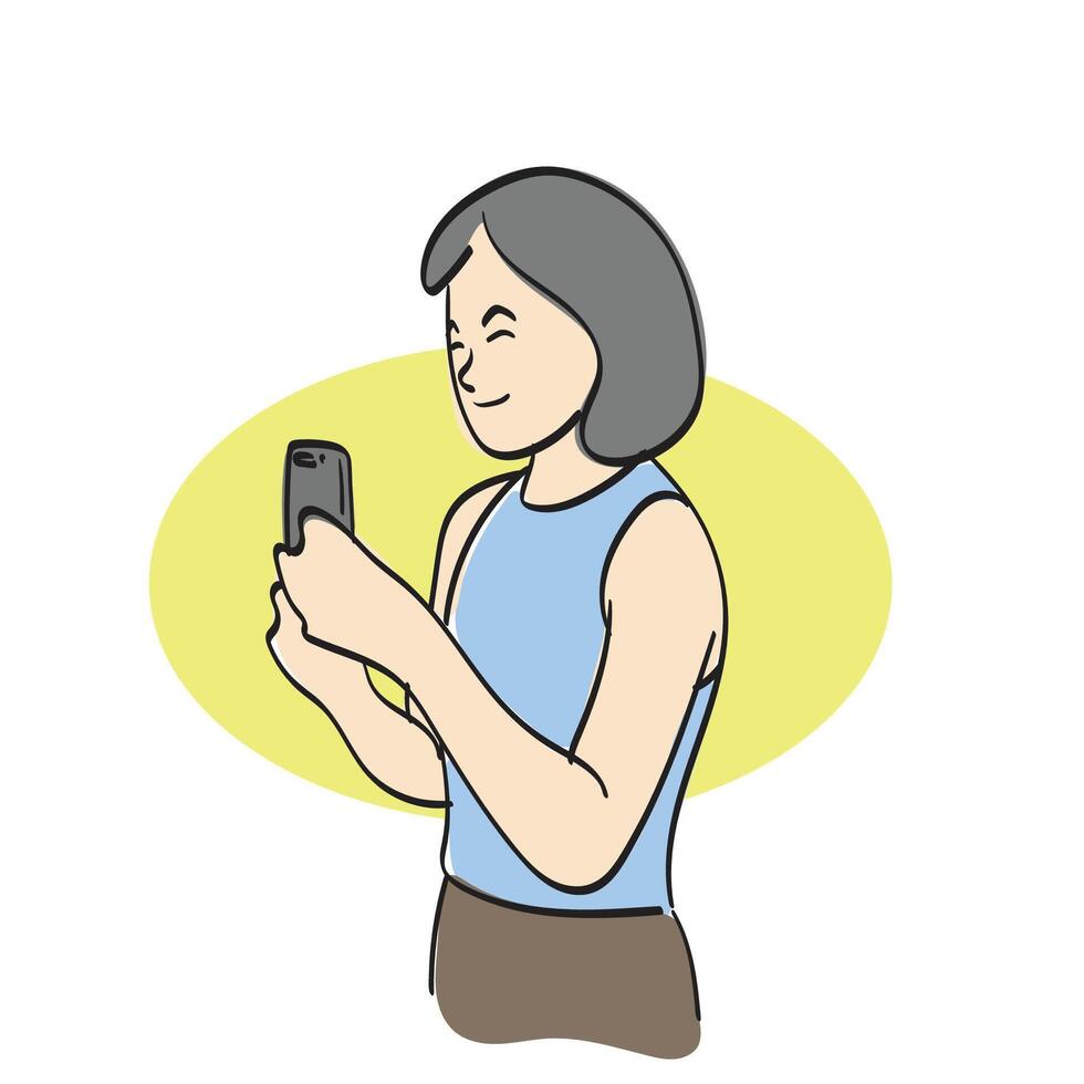 half length of woman using smartphone illustration hand drawn isolated on white background vector