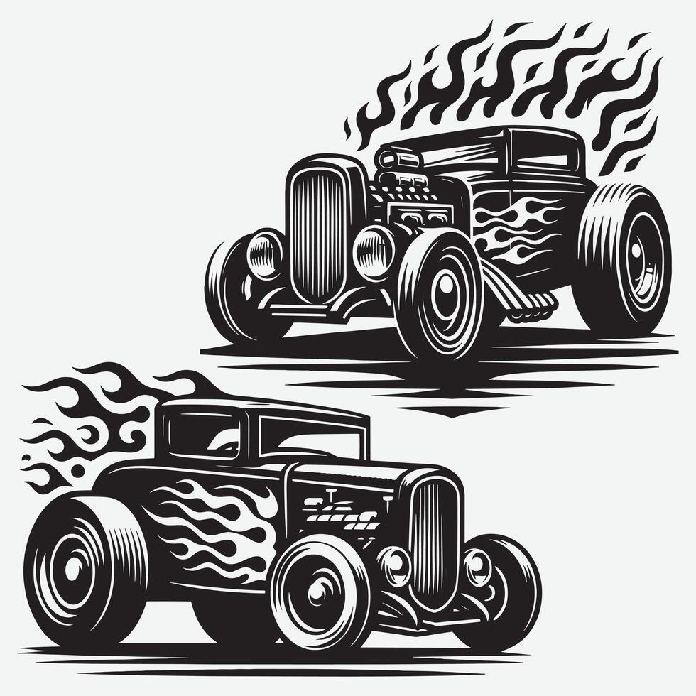 Distinctive Vintage Car Silhouette Clipart with Fire Work for Artistic Inspiration vector