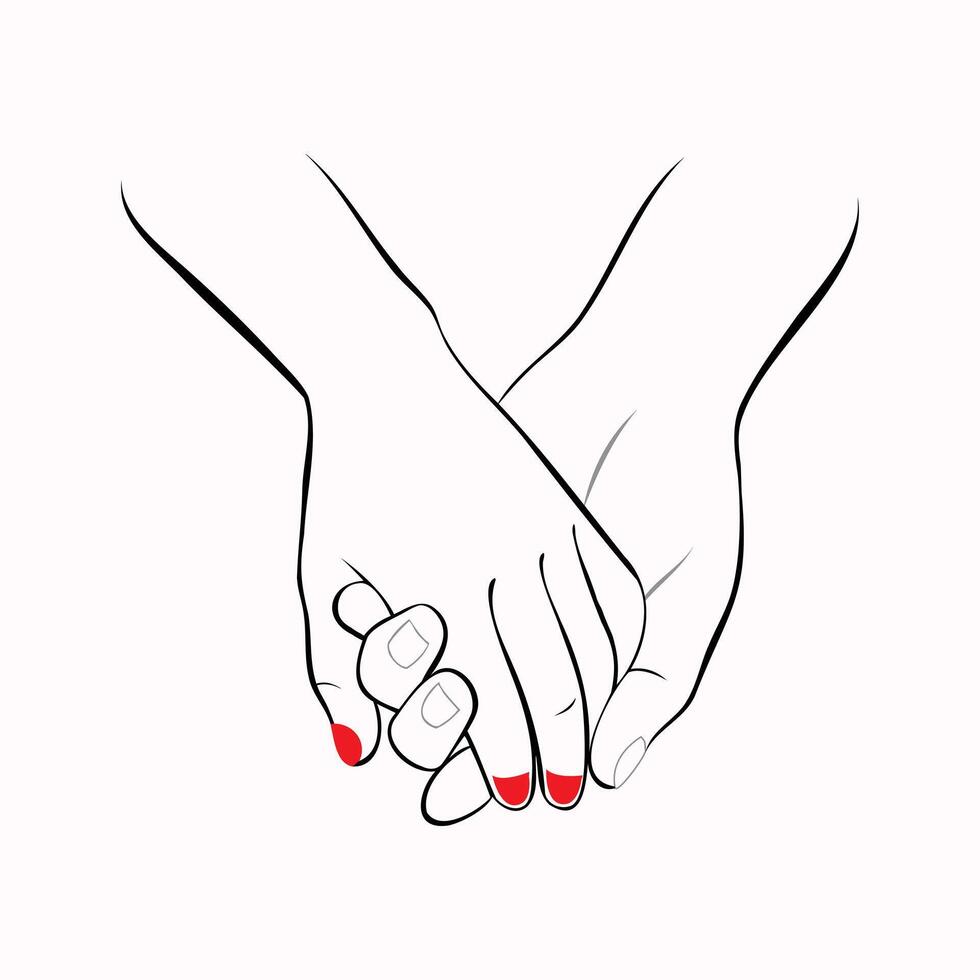 Two hands holding each other in a Valentine outline art. vector