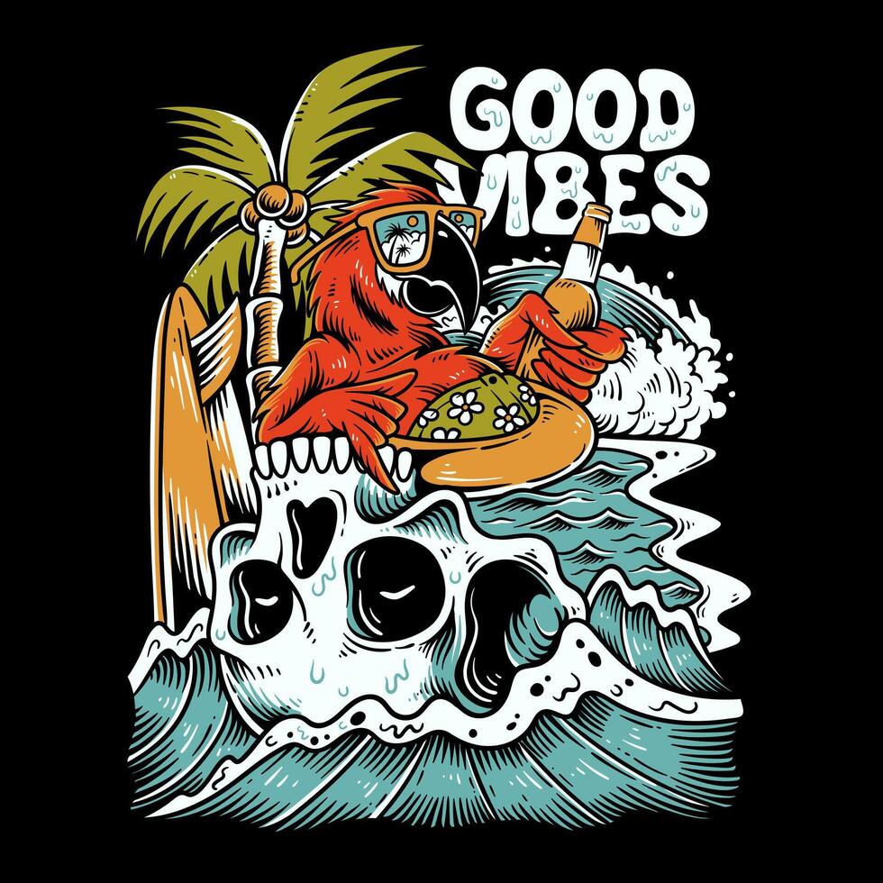vintage summer design, skull surfing, with tropical bird vector