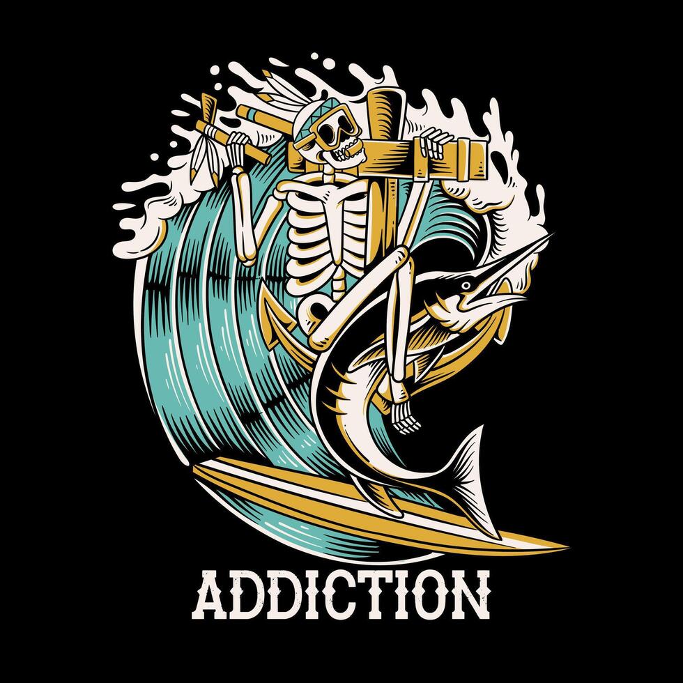 surfing skull on the waves, vintage skeleton with fish design, apparel illustration vector