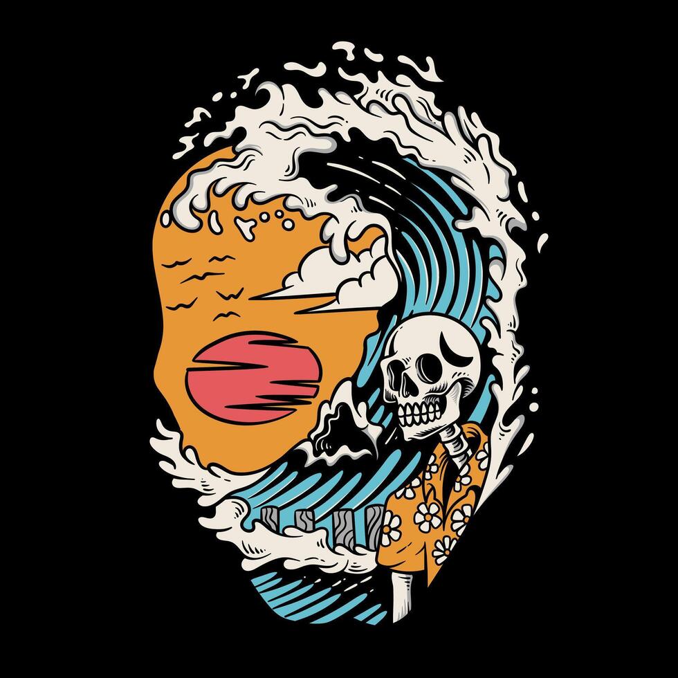 skeleton with waves illustration, summer apparel design, surfing apparel design, apparel illustration vector