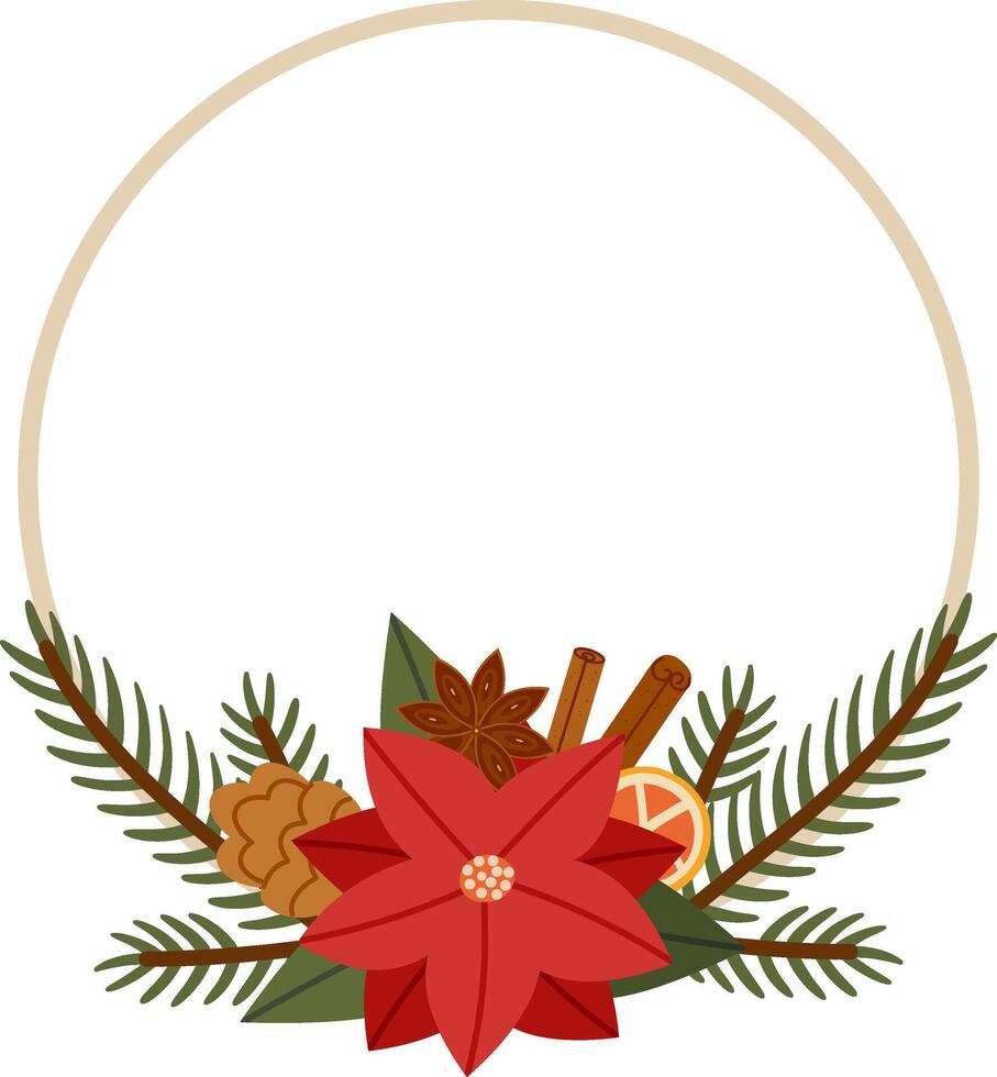 Christmas Wreath with Poinsettia, Pine Cone, Fir Branches and Spices Illustration vector