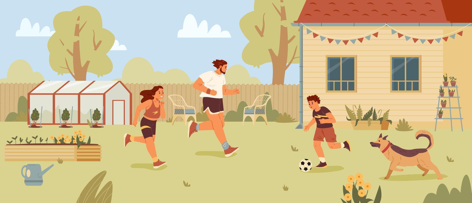 Father with two children boy and girl playing football at the backyard flat illustration isolated on white. vector
