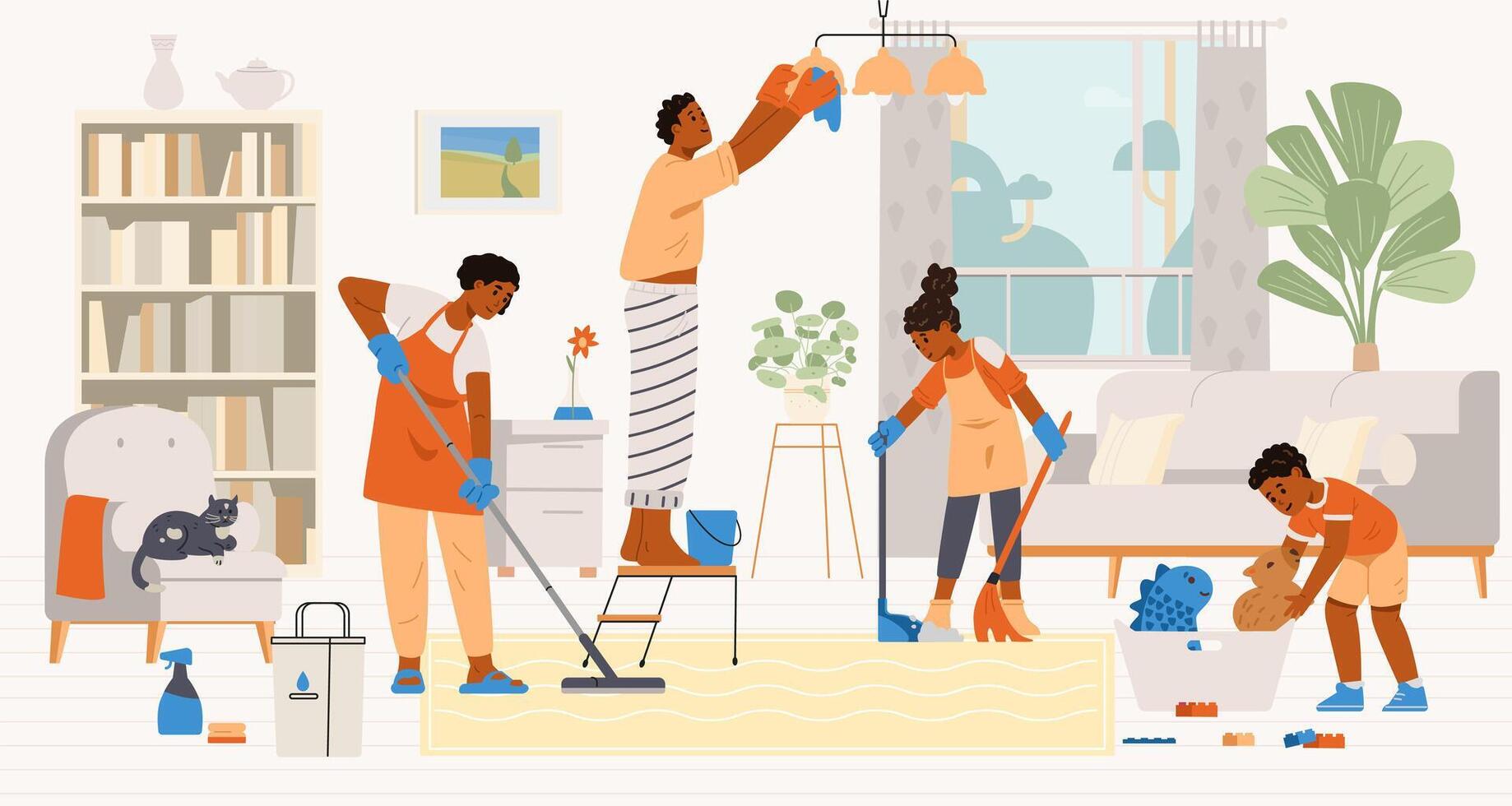 African American family with two kids cleaning the living room flat illustration. Family doing house chores together. vector