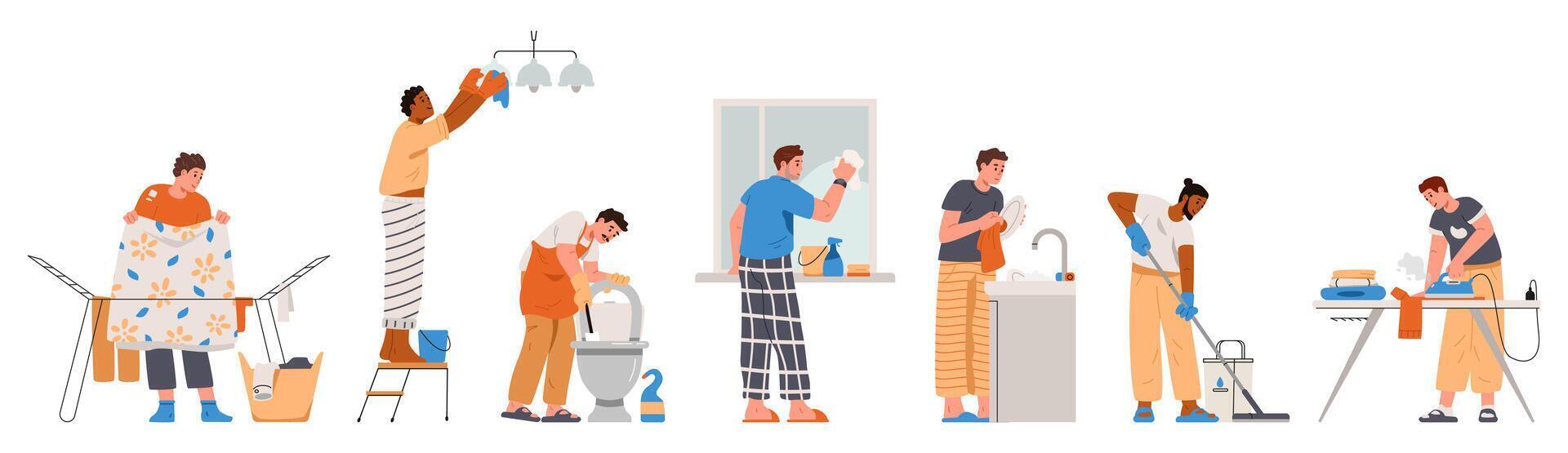 Men of different ethnicity doing house chores flat illustrations set isolated on white. Doing laundry, ironing, mopping, washing the toilet, windows, dishes, wiping the dust. vector