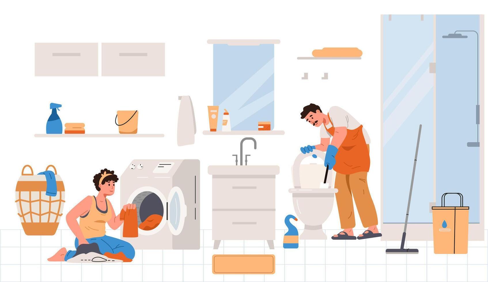 Couple cleaning the toilet and doing laundry in the bathroom flat illustration. Man and a woman doing house chores together. vector