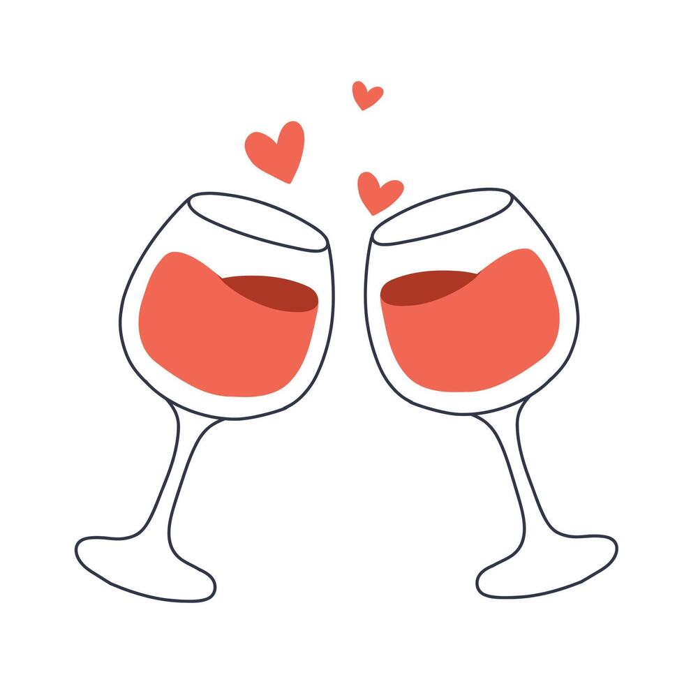 Set of glasses with red wine. illustration. Collection of glasses with sparkling wine champagne. Doodle style. vector
