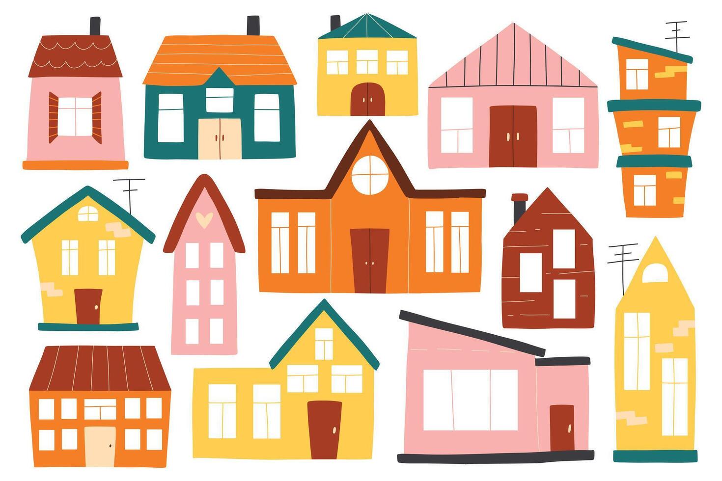 Set of houses in boho style. collection of clip arts with houses in hand-drawn style. Isolated simple houses. vector