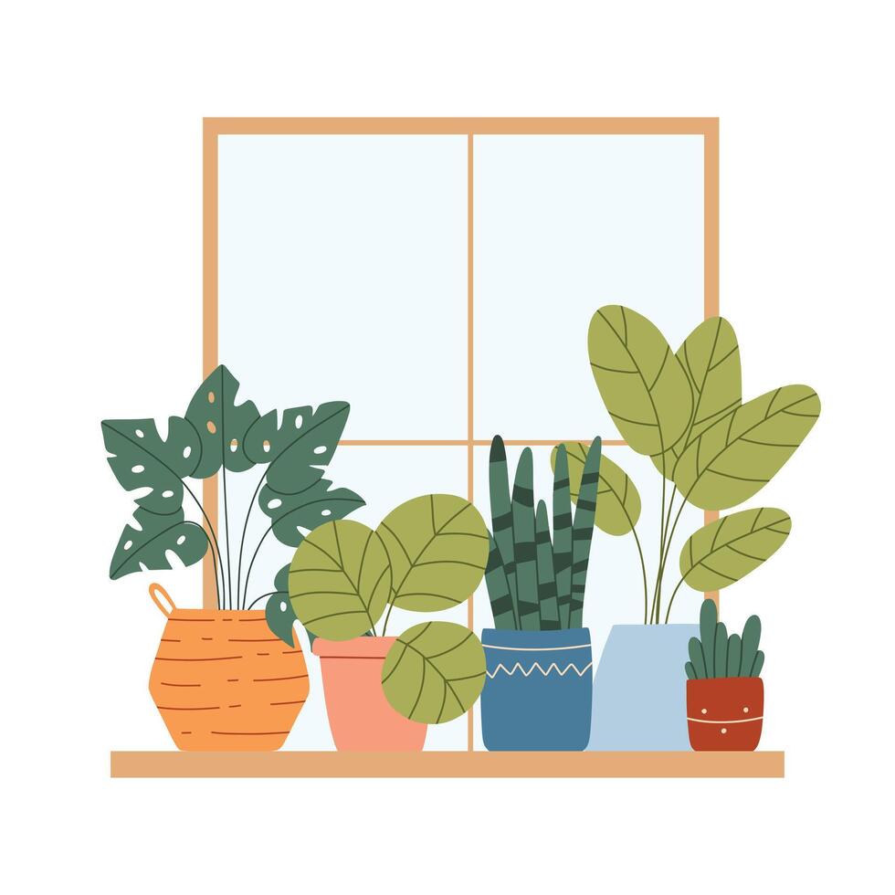 Indoor plants in a pot on the window. House plants stand on the windowsill. illustration.Flat style. Modern plants in pots. vector