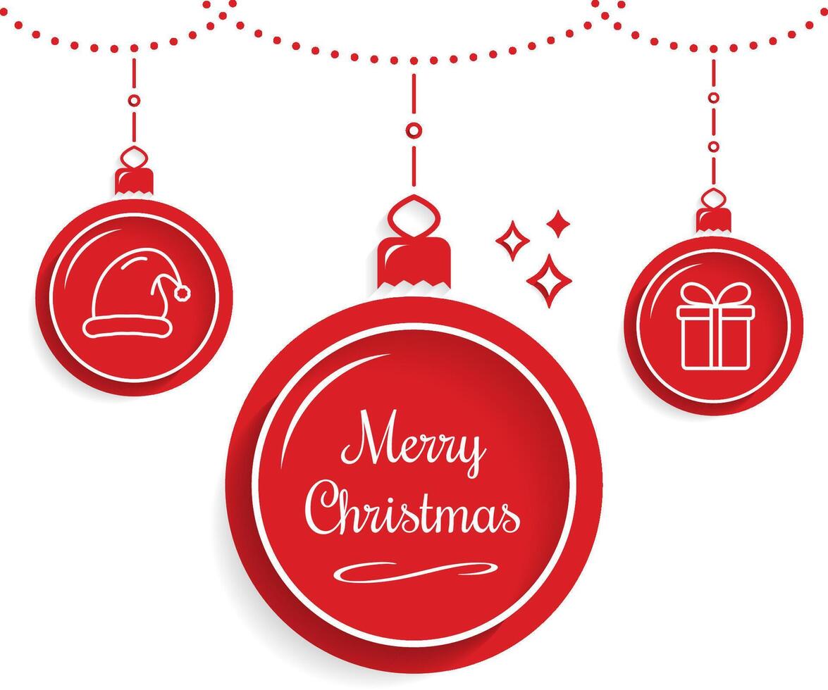 Hanging red Christmas balls with shadows, merry Christmas greeting card vector