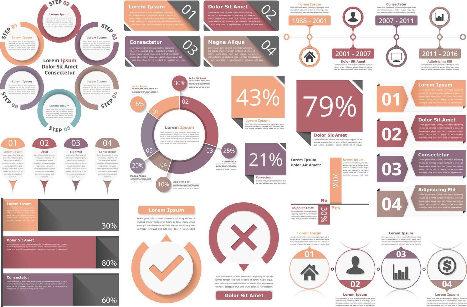 Infographic objects for presentation, reports, workflow - circle diagram, bar graph, pie chart, process diagram, timeline, objects with percents and text, business infographic elements vector