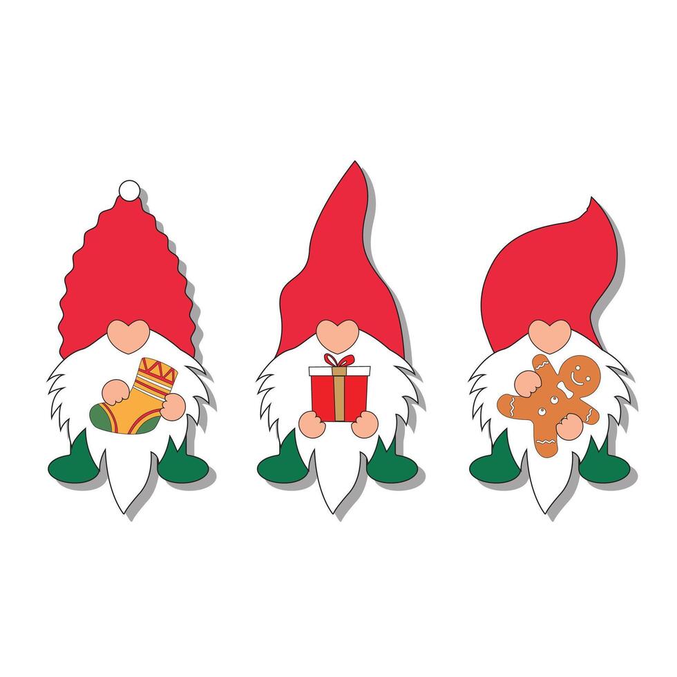 Cute Gnome With Christmas Socks Red Grif Box And Cookies Illustration Set of cute Christmas gnomes vector