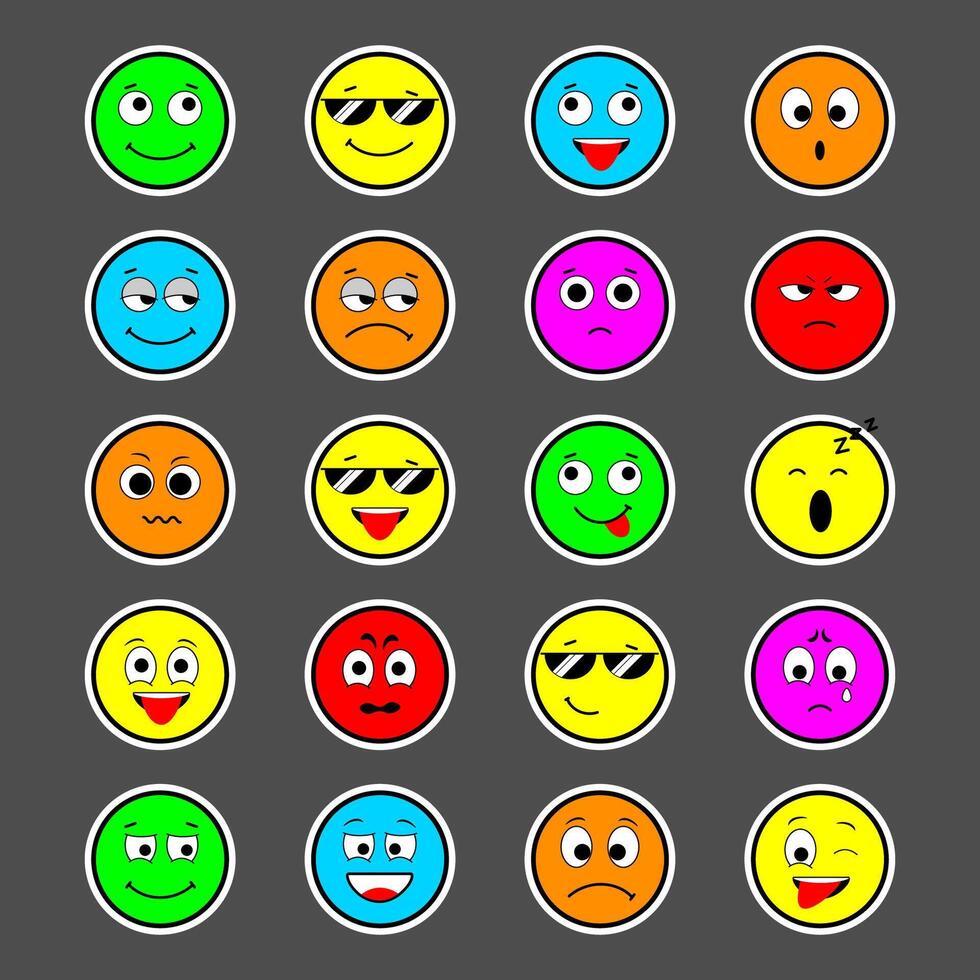 Emoticon on set with 20 variations of expression. Colorized concept. vector