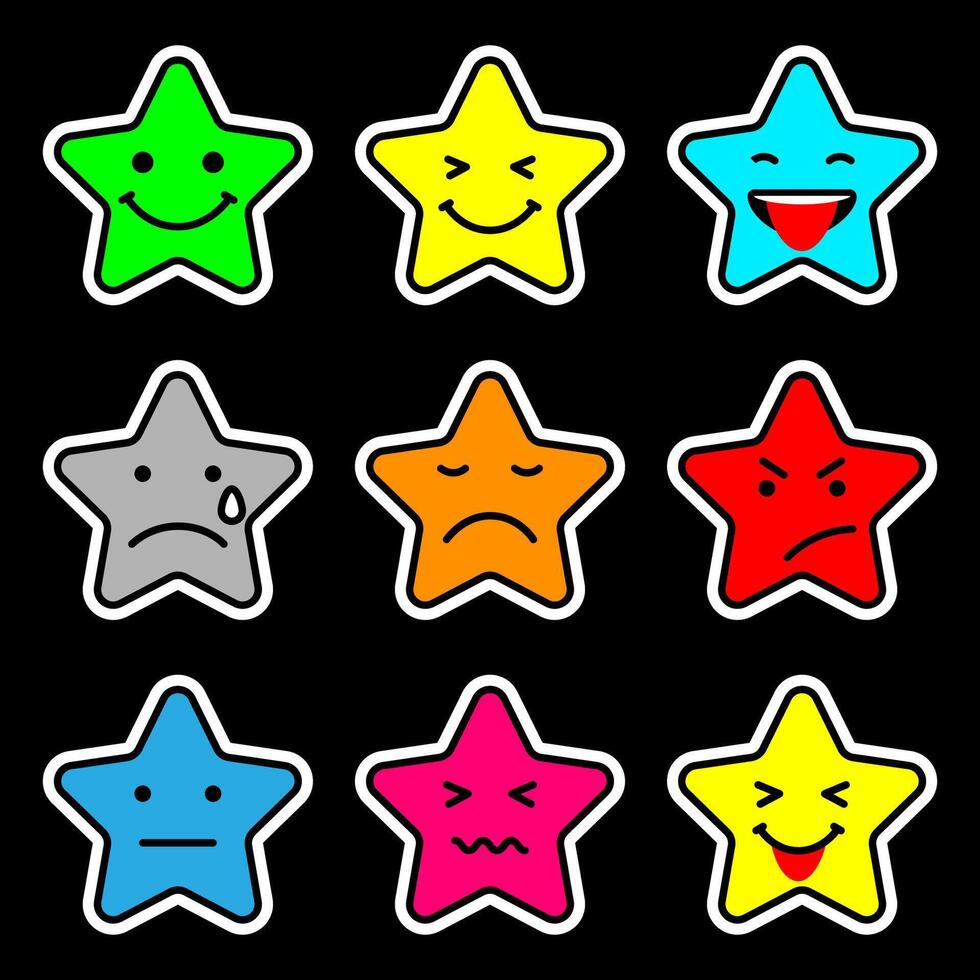 Star emoticon on pack with 9 variations of expression. Colorized concept. vector