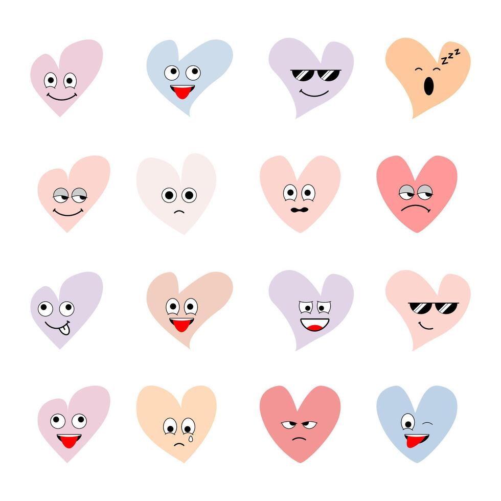 Set of cute love emoticon with 16 variations of expression. Colorized concept. vector