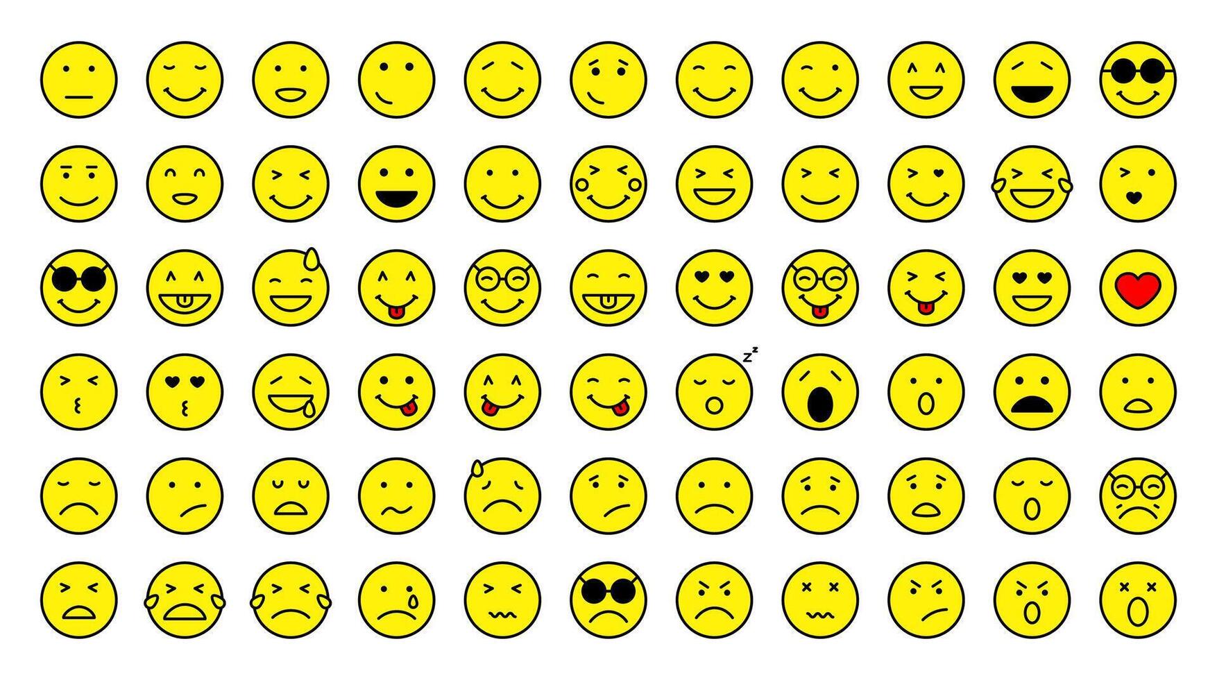 Emoticon on set with 66 variations of expression. Yellow color concept. vector