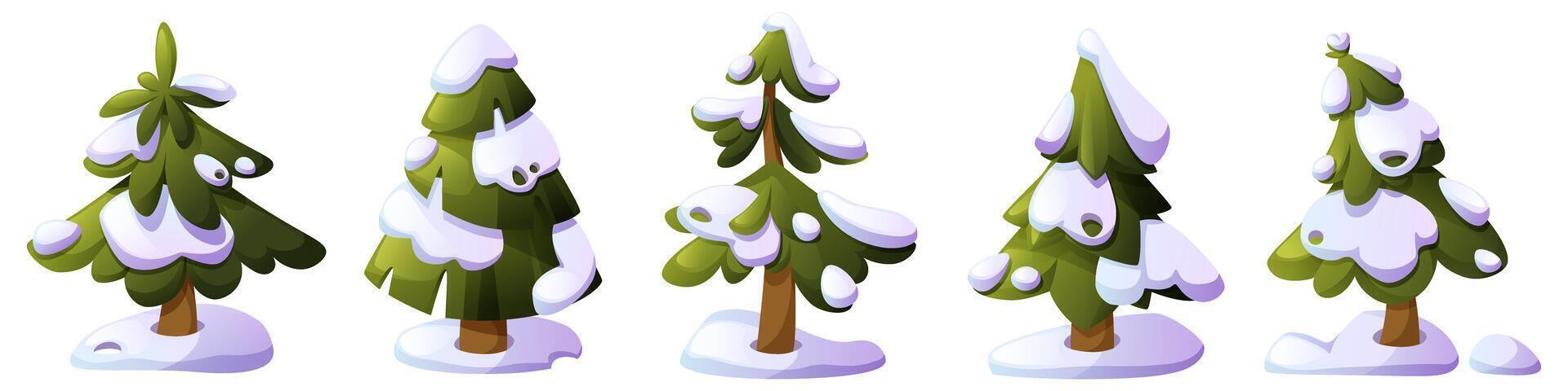 set of cartoon fir trees of different shapes under snow. Snow-covered forest tree, pine tree in snowdrift, Christmas tree. Clip art for children's books and educational games. vector