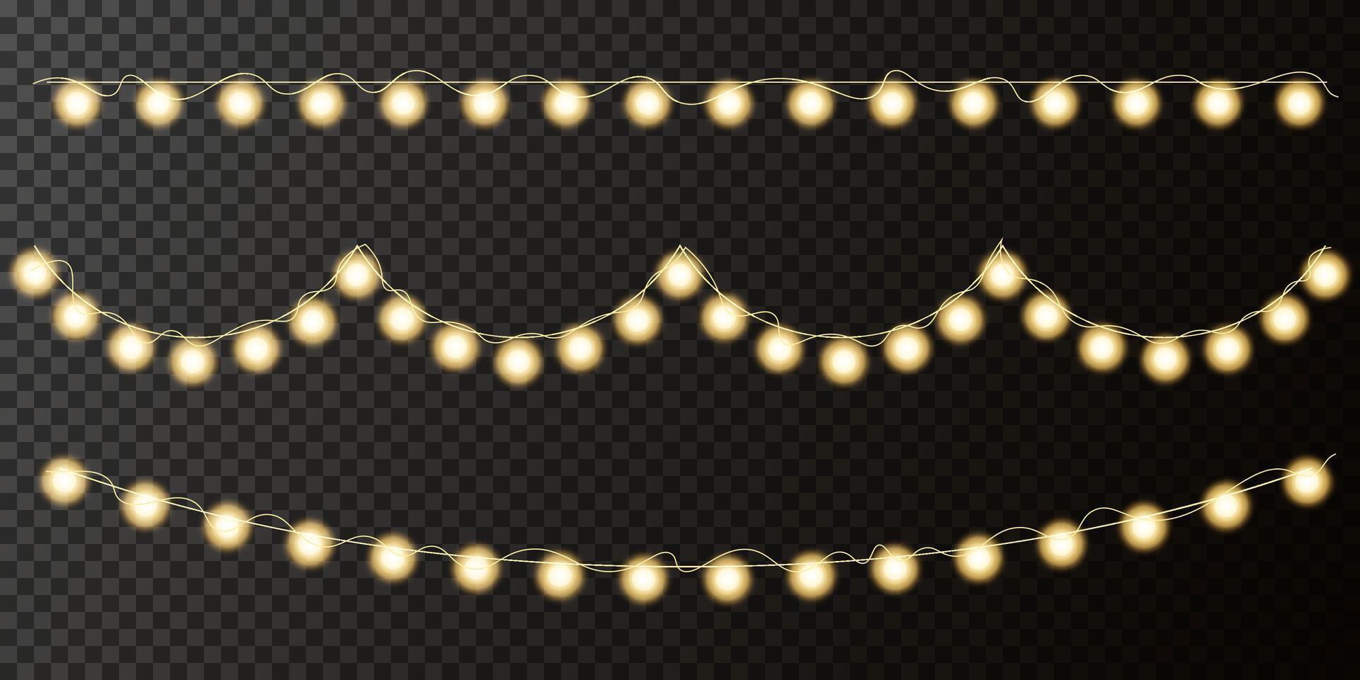 Christmas garland straight, wave, glowing yellow bulbs. Decor for New Year, wedding, birthday, events and parties. Set of different garlands for use in advertising invitations, web banners. vector